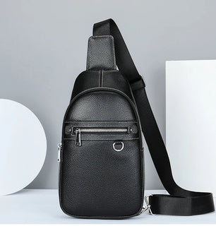 Men's Genuine Leather Zipper Closure Solid Pattern Shoulder Bag