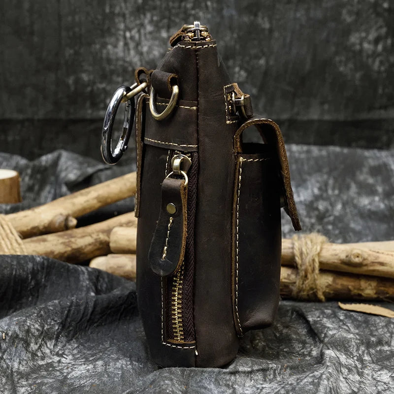 Men's Genuine Leather Solid Pattern Zipper Closure Waist Pack