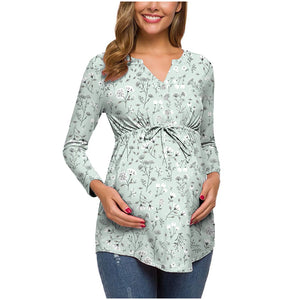 Women's Polyester V-Neck Long Sleeves Floral Maternity T-Shirt