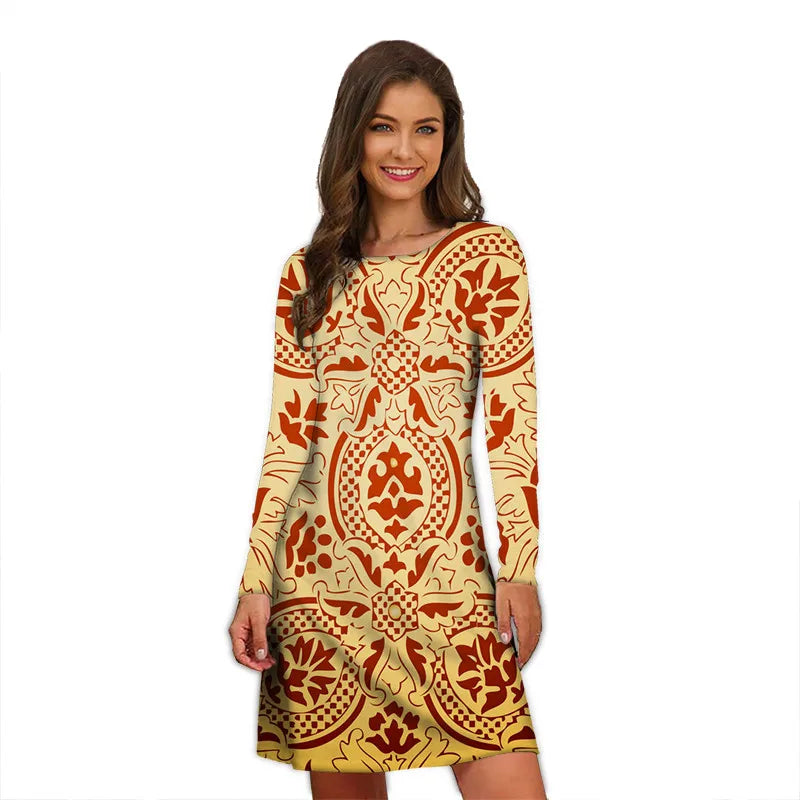 Women's Polyester O-Neck Long Sleeves Mini Casual Vintage Dress