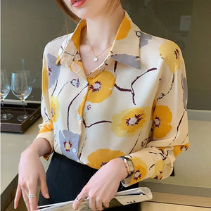 Women's Polyester Turn-Down Collar Long Sleeves Printed Blouse