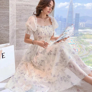 Women's Polyester Square-Neck Short Sleeves Floral Pattern Dress