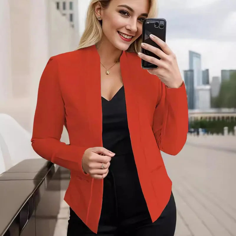 Women's Cotton V-Neck Long Sleeves Solid Pattern Casual Blazers