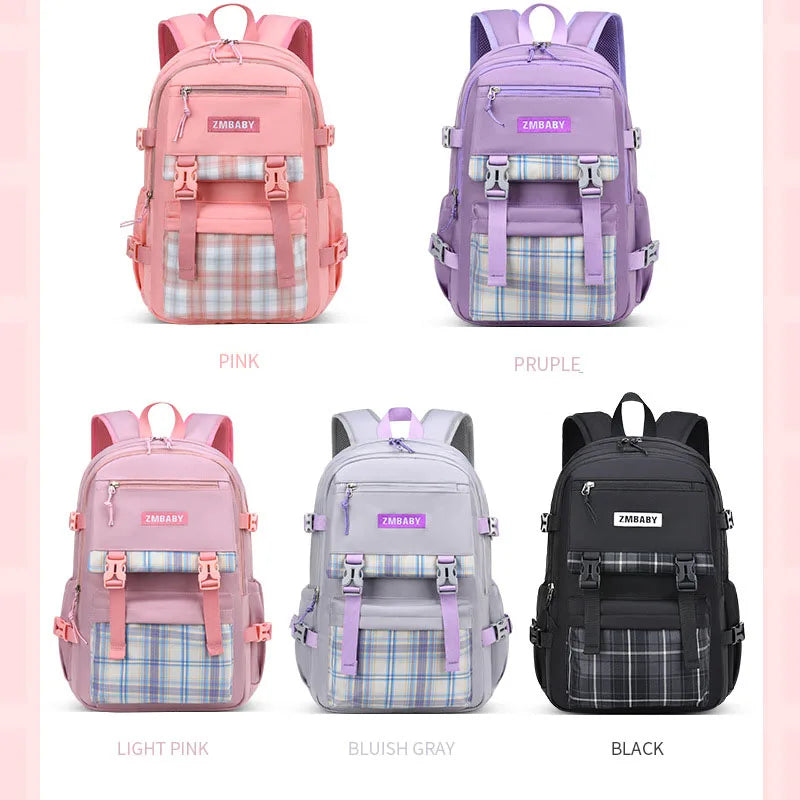 Kid's Canvas Zipper Closure Plaid Pattern Trendy School Backpack