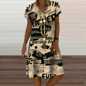 Women's Polyester V-Neck Short Sleeves Mini Printed Vintage Dress