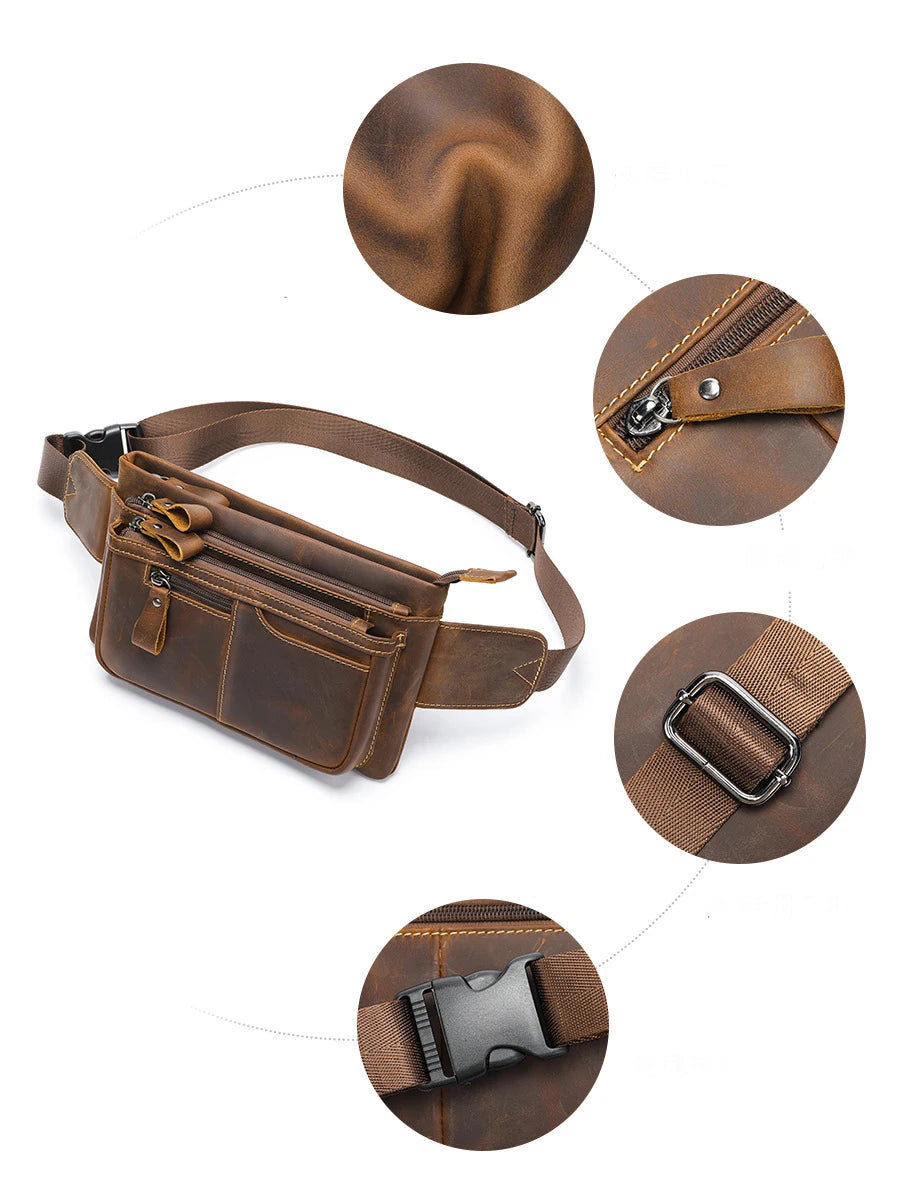 Men's Genuine Leather Zipper Closure Solid Pattern Waist Pack