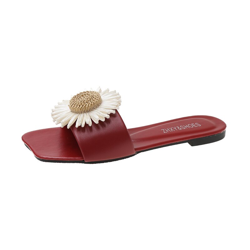 Women's PU Square Toe Slip-On Closure Flat Floral Pattern Slipper