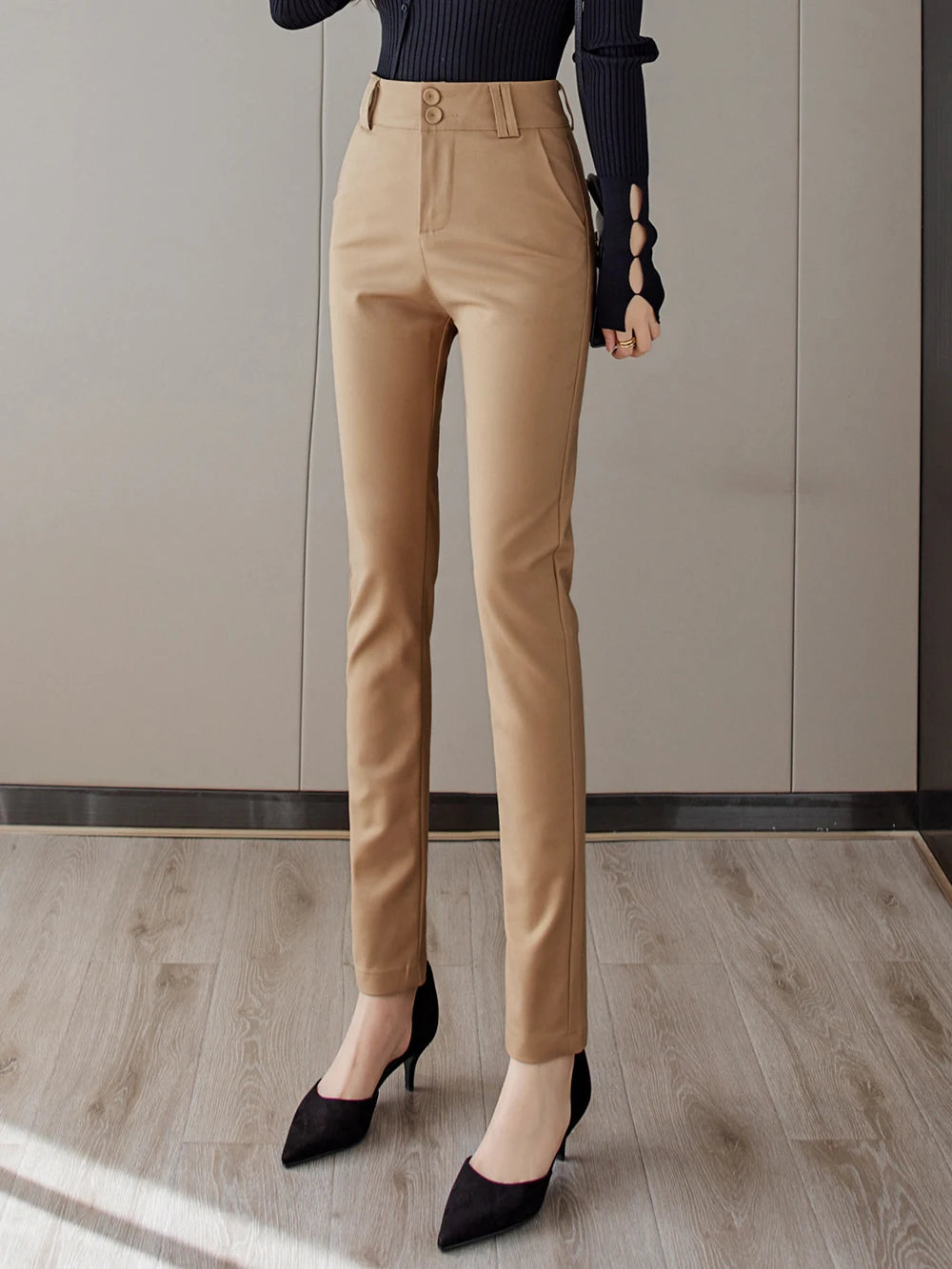 Women's Cotton High Waist Zipper Fly Closure Solid Pattern Pants