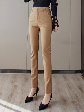 Women's Cotton High Waist Zipper Fly Closure Solid Pattern Pants