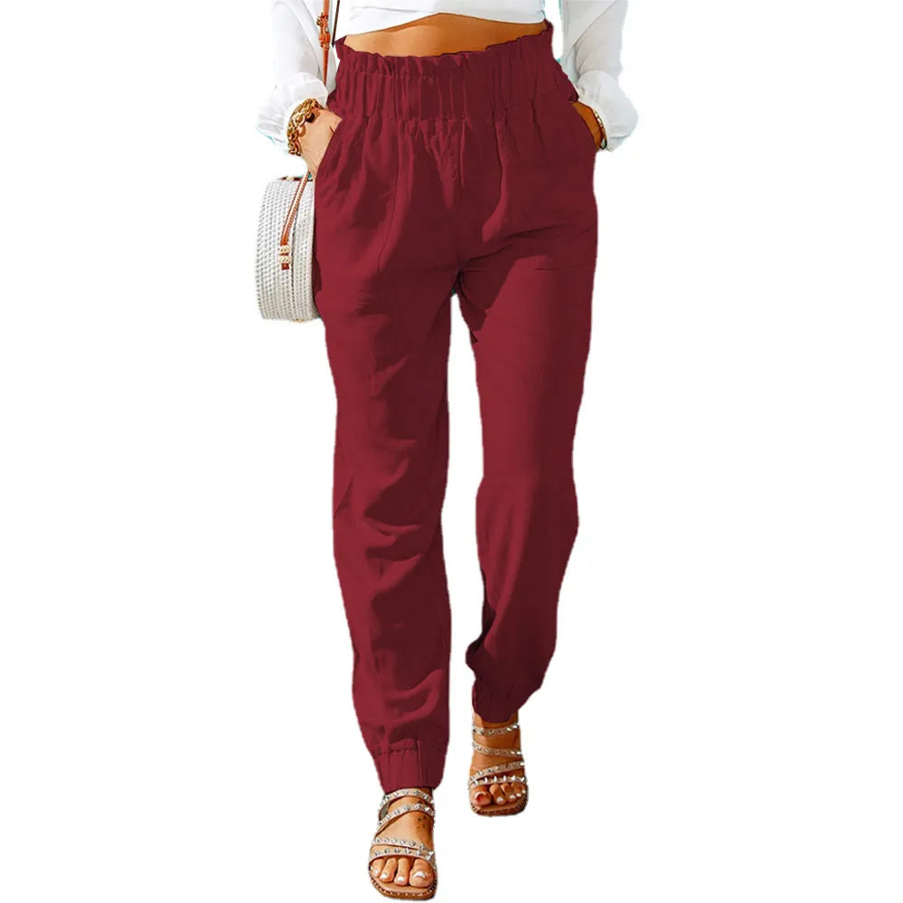 Women's Cotton Button Fly Closure Full Length Plain Pattern Pant