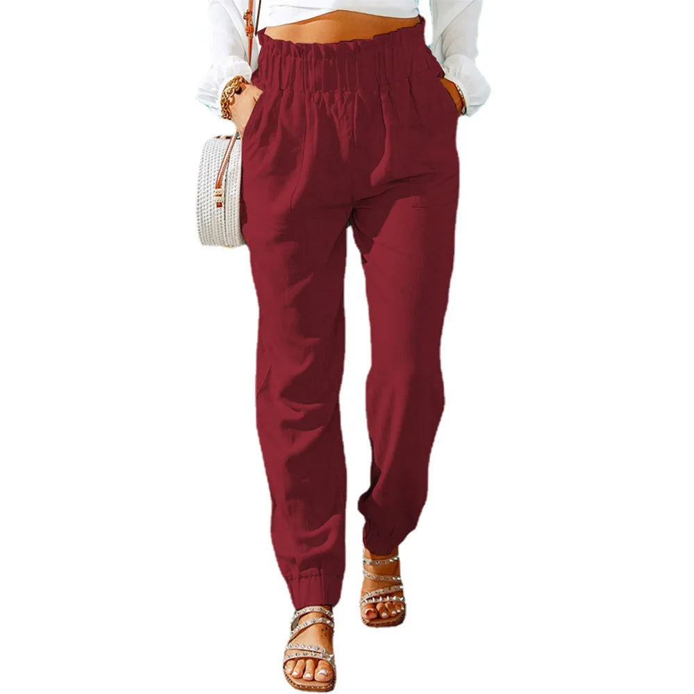 Women's Cotton Mid Waist Button Fly Closure Solid Pattern Trouser