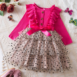 Kid's Girl Polyester O-Neck Long Sleeves Polka Dot Princess Dress