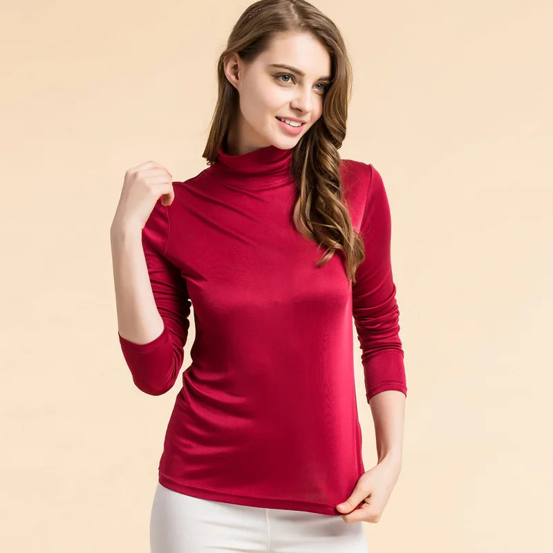 Women's Silk Turtleneck Long Sleeve Solid Pattern Casual Tops