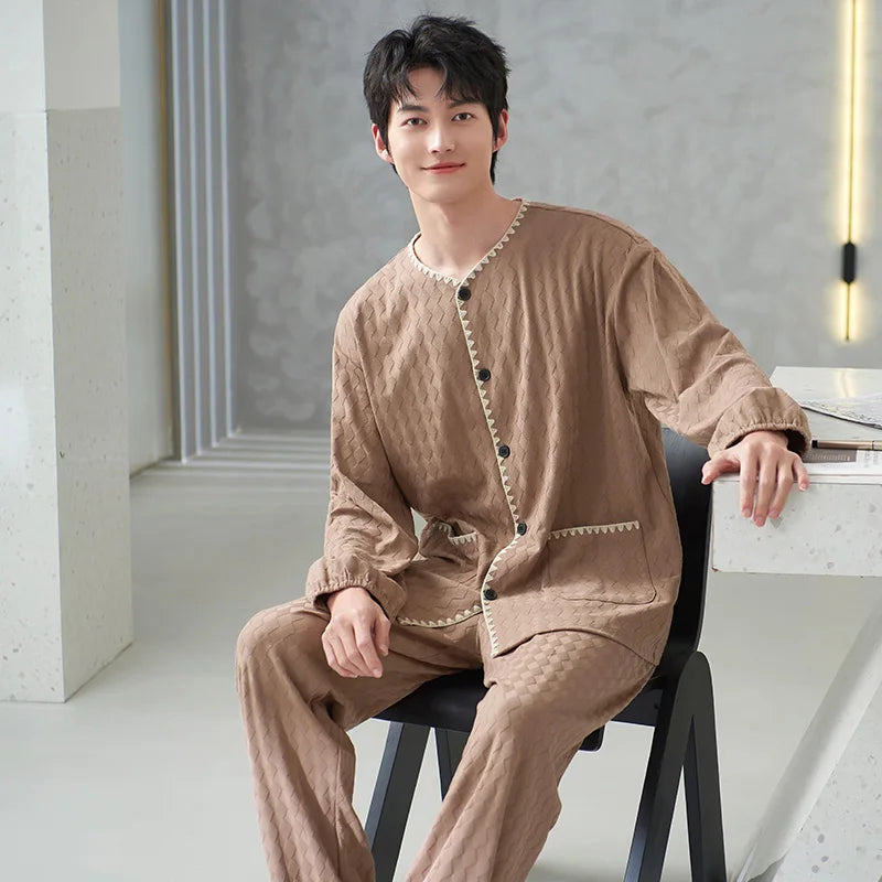 Men's Cotton O-Neck Long Sleeve Solid Pattern Sleepwear Set