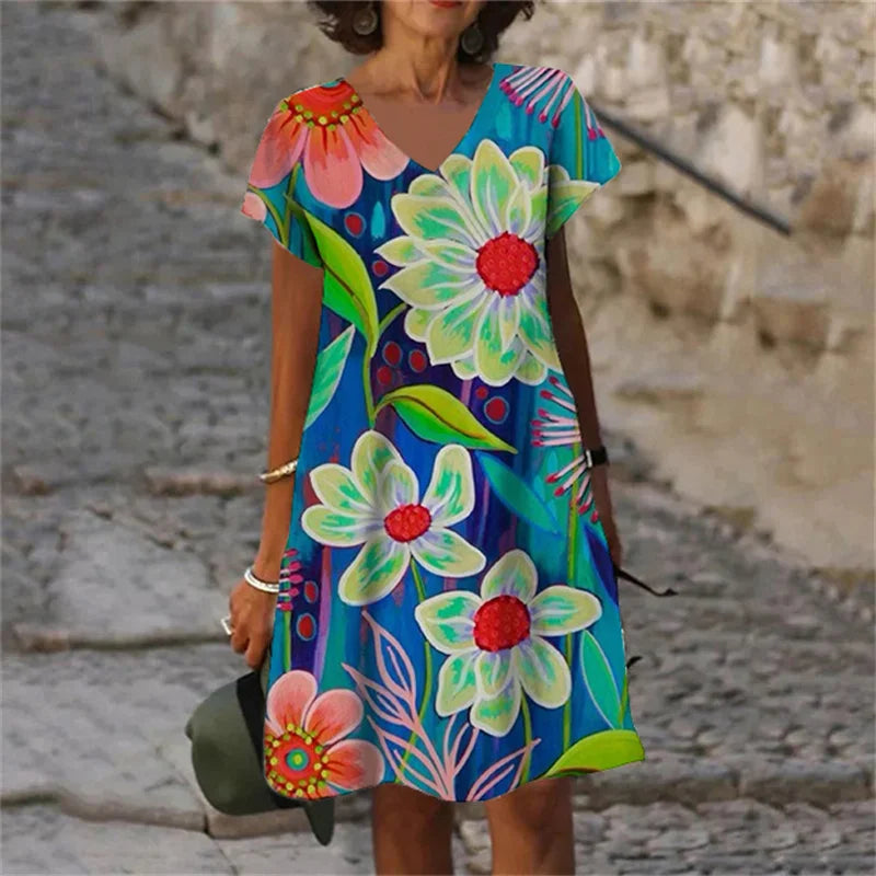 Women's Polyester V-Neck Short Sleeves Mini Casual Floral Dress