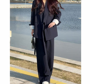 Women's Cotton V-Neck Full Sleeves Solid Pattern Blazer Set