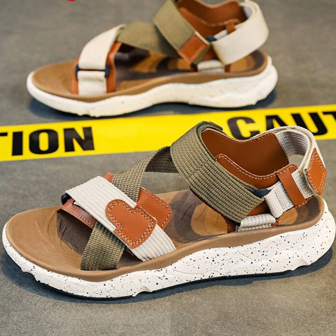 Men's Rubber Striped Hook & Loop Closure Anti Skidding Sandals