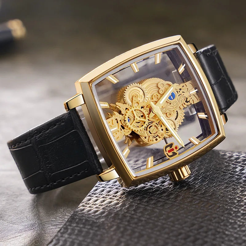 Men's Leather Buckle Clasp Waterproof Square Shaped Watches