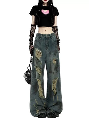 Women's Cotton High Waist Zipper Fly Closure Ripped Trousers