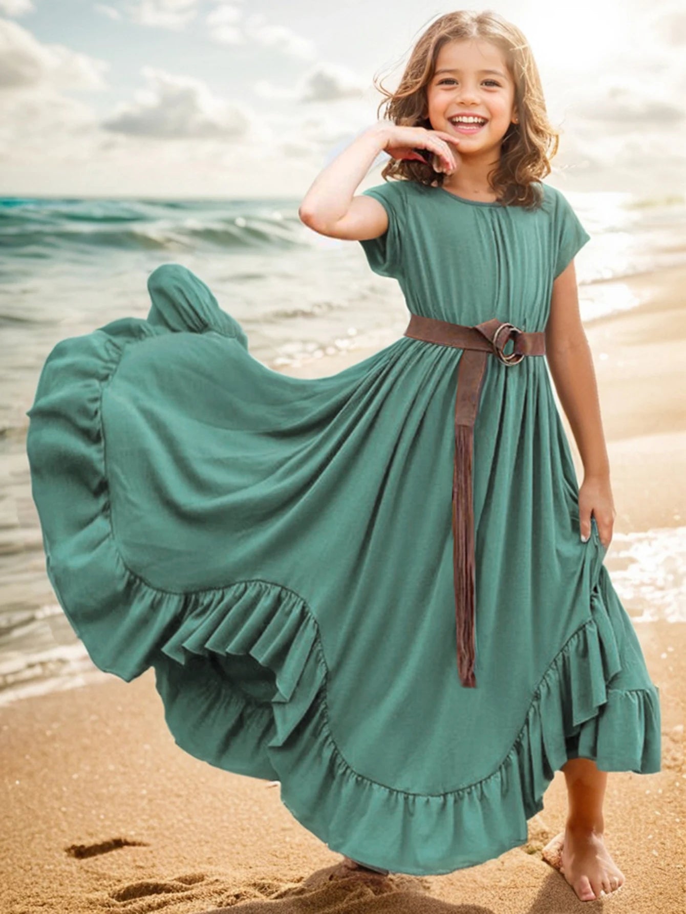 Kid's Girl Polyester Short Sleeve Pleated Pattern Princess Dress