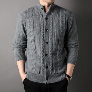 Men's Polyester Stand Collar Full Sleeves Single Breasted Sweater