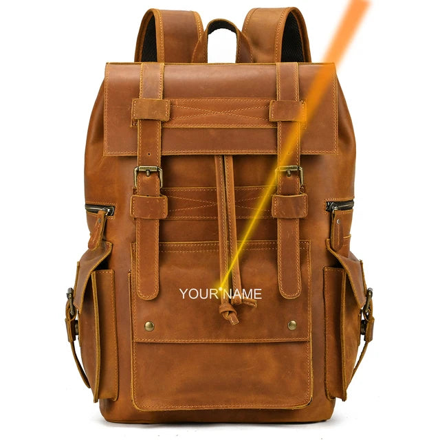 Men's Genuine Leather Zipper Closure Slot Pattern Casual Backpack