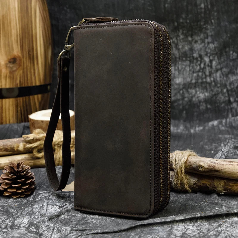 Men's Genuine Leather Solid Pattern Double Zipper Shoulder Bag