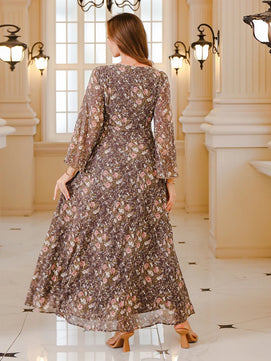 Women's Arabian Polyester Full Sleeves Floral Pattern Dress