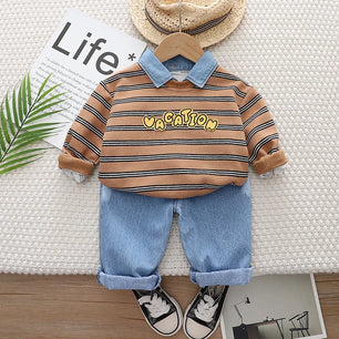 Kid's Cotton Long Sleeve Single Breasted Pullover Striped Clothes