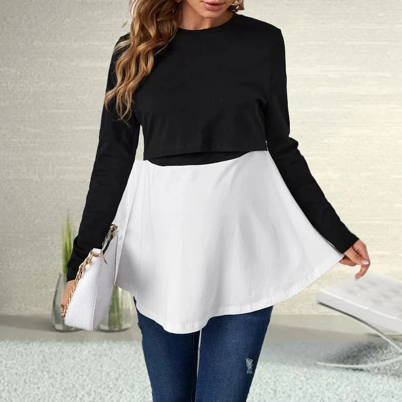 Women's Polyester O-Neck Long Sleeves Breastfeeding Maternity Top