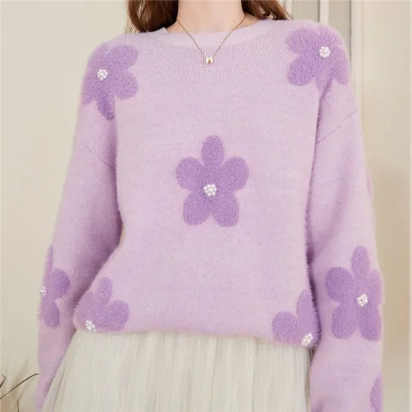 Women's Acetate O-Neck Full Sleeves Floral Pattern Casual Sweater