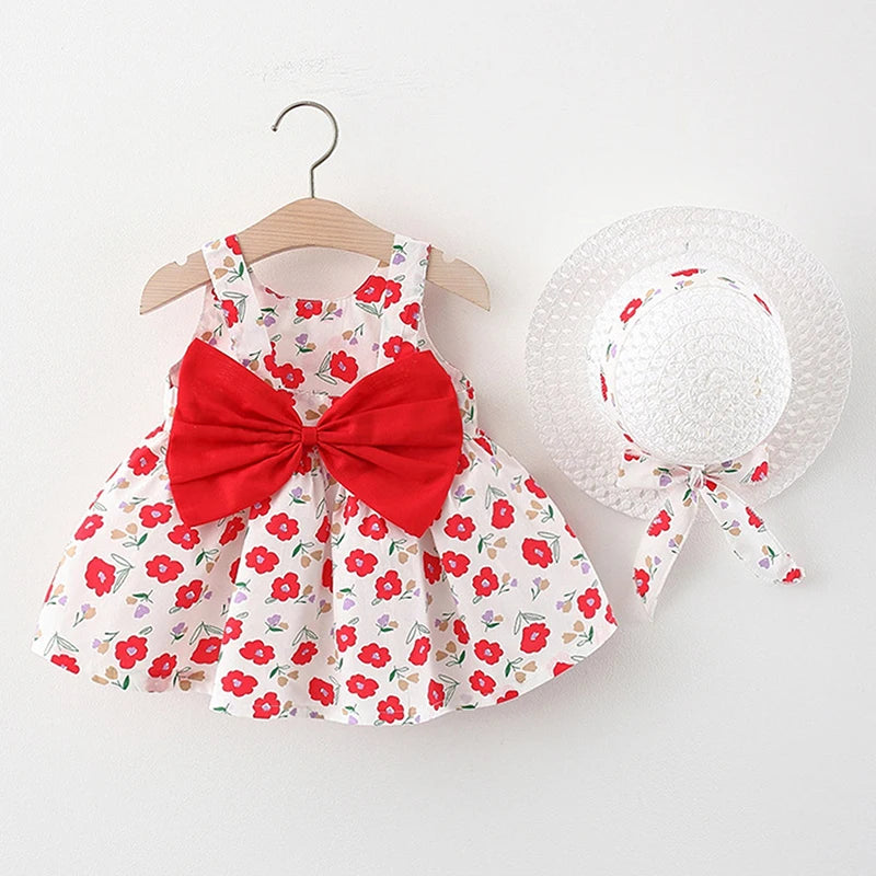 Kid's Square-Neck Cotton Sleeveless Floral Pattern Princess Dress