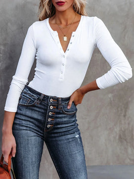 Women's V-Neck Polyester Long Sleeve Solid Pullover Blouses