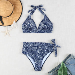 Women's Polyester V-Neck Sleeveless Mid Waist Swimwear Bikini Set