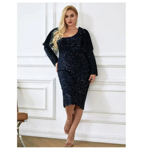 Women's Polyester Square-Neck Long Sleeves Sequined Party Dress