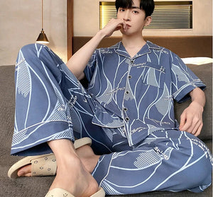 Men's Cotton Turn-Down Collar Short Sleeve Printed Sleepwear Set