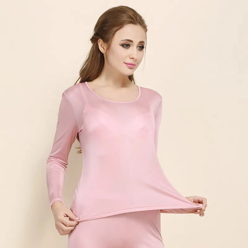 Women's Silk O-Neck Long Sleeve Solid Pattern Sleepwear Set