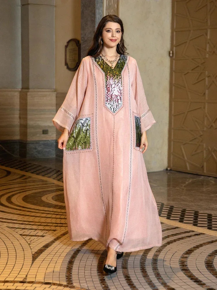 Women's Arabian Polyester Full Sleeve Sequins Pattern Casual Dress