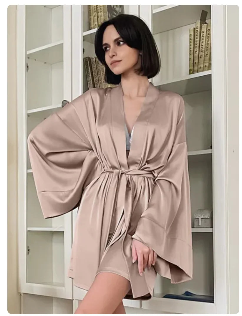 Women's Silk V-Neck Full Sleeve Nightgown Bathrobe Sleepwear Dress