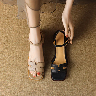 Women's Genuine Leather Square Toe Buckle Strap Closure Sandals