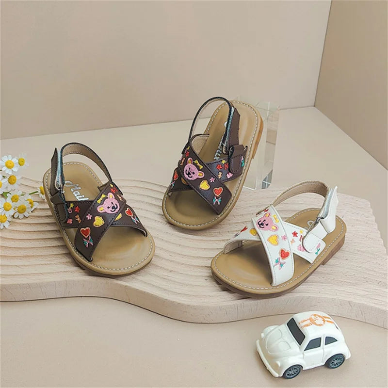 Kid's PU Open Toe Hook Loop Closure Printed Pattern Casual Sandals