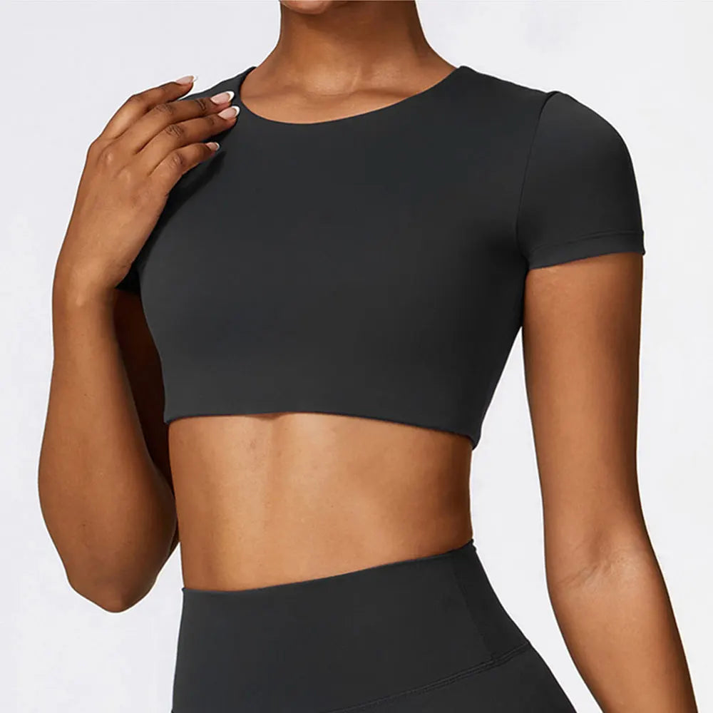 Women's Nylon Short Sleeves Seamless Workout Fitness Crop Top