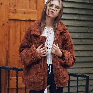 Women's Faux Fur Turn-Down Collar Long Sleeves Solid Jacket