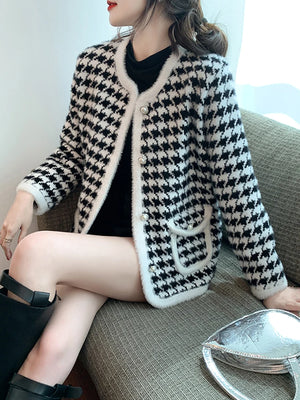 Women's Acrylic V-Neck Full Sleeves Houndstooth Vintage Sweater