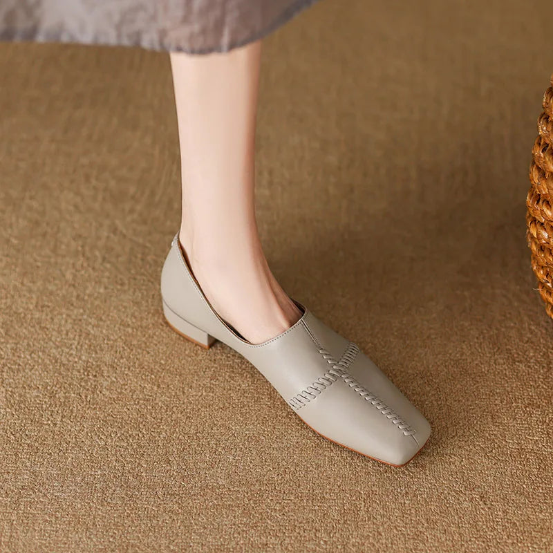 Women's Genuine Leather Square Toe Slip-On Closure Flat Shoes