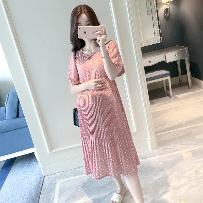 Women’s Polyester V-Neck Short Sleeves Dotted Maternity Dress