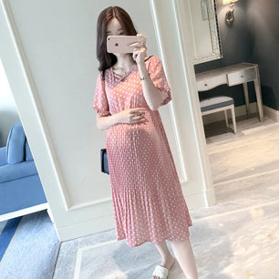 Women’s Polyester V-Neck Short Sleeves Dotted Maternity Dress