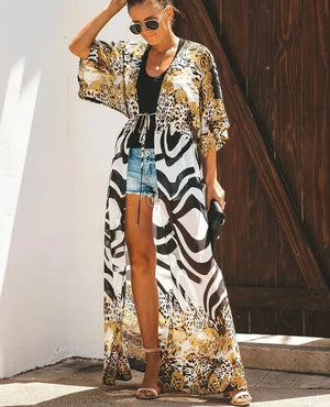 Women's Polyester Long Sleeves Printed Kaftan Beach Cover Up