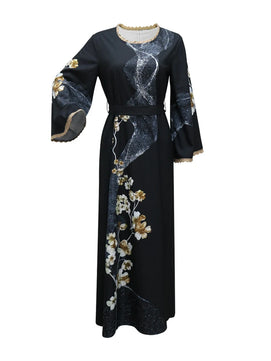 Women's Arabian Polyester Full Sleeves Floral Pattern Dress