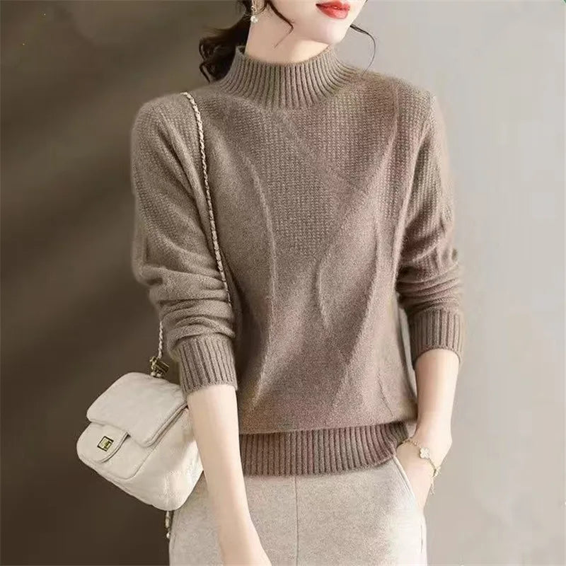 Women's Acrylic Mock-Neck Full Sleeves Knitted Pattern Sweater